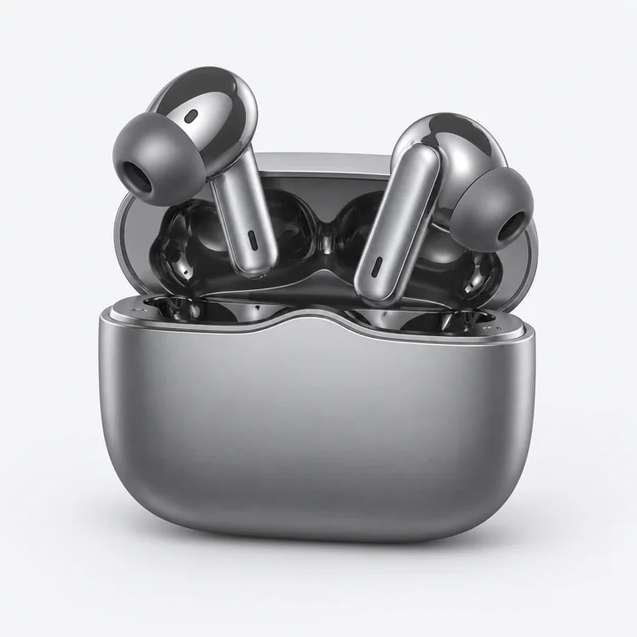 Grey wireless earbuds in a charging case