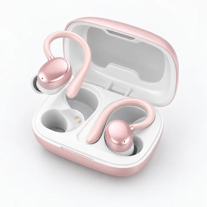 Pink sport earbuds in a charging case